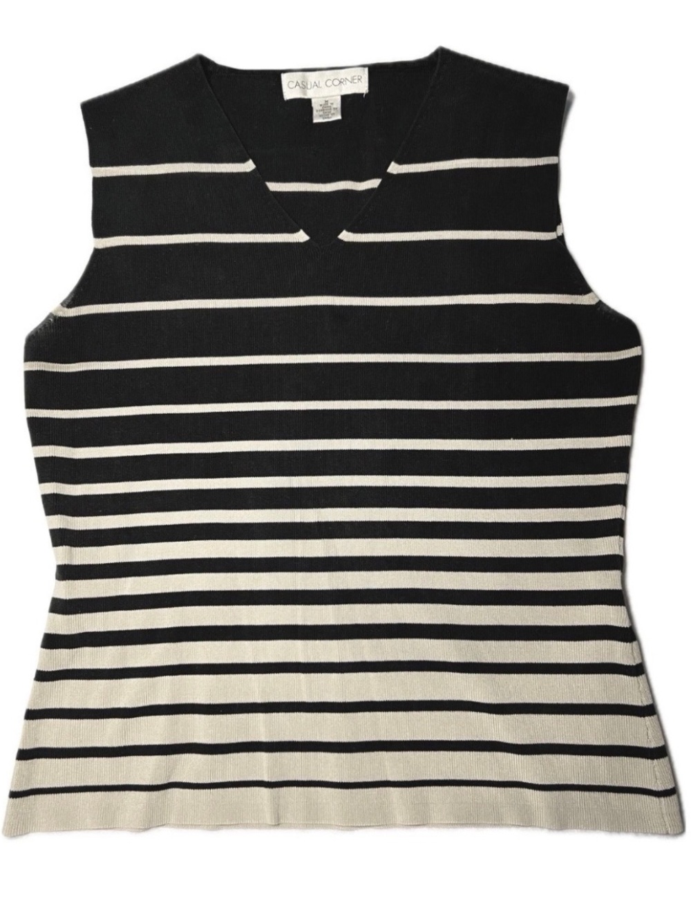 Vintage 90s Casual Corner Silk Knit Striped V Neck Tank Womens M Black Cream